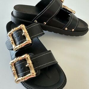 Black Platform Slides with Gold Buckles